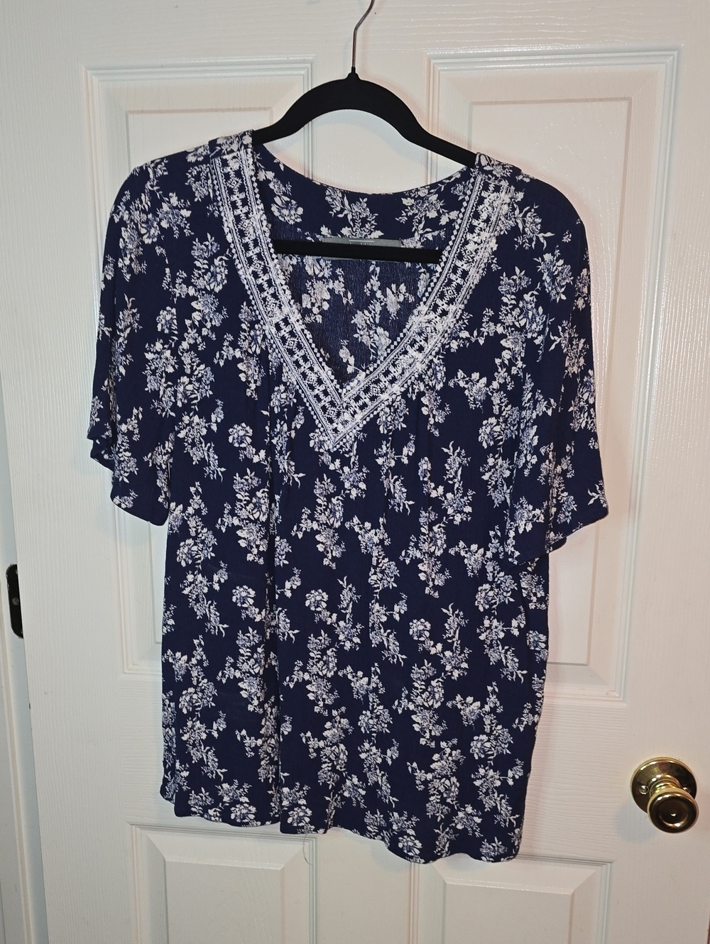 Navy Floral V-Neck Blouse with Lace-Trim Detail